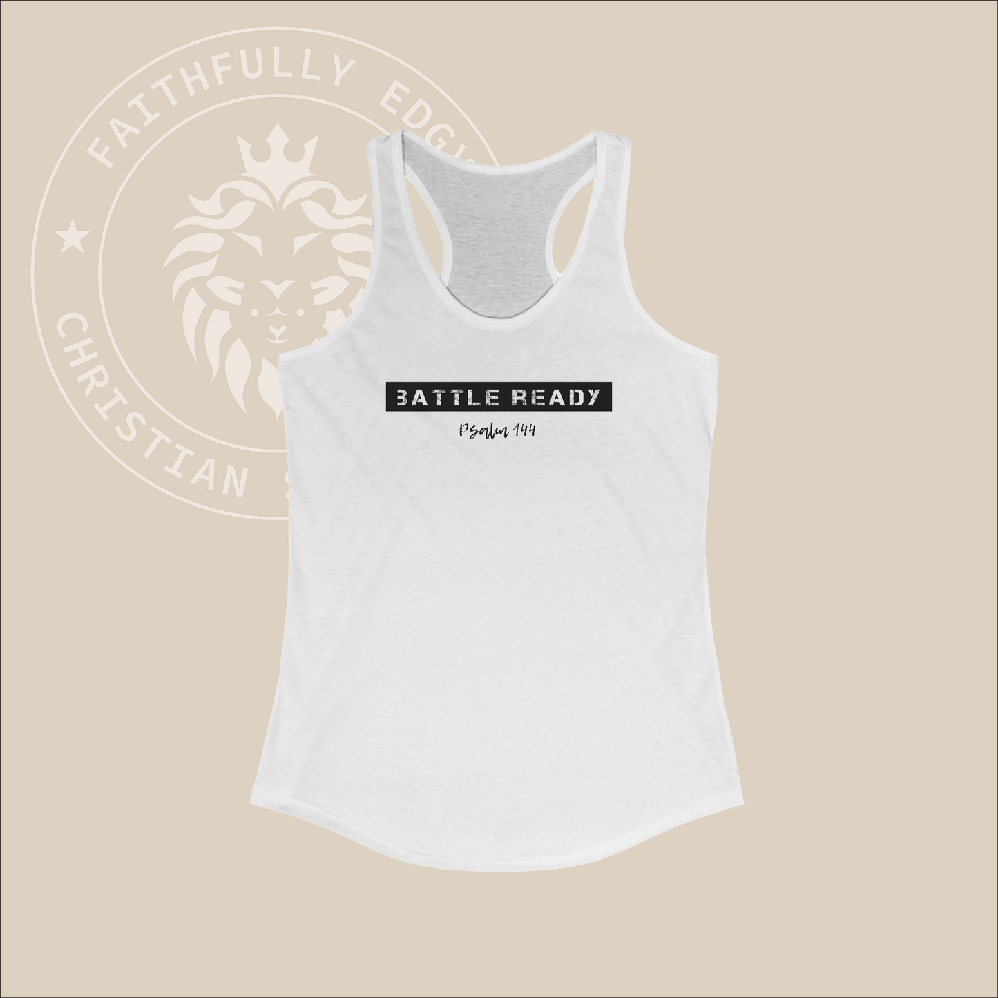 Women's "Battle Ready" tank referencing Psalm 144