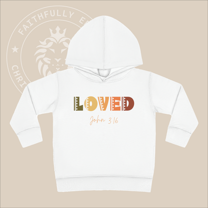 Toddler "Loved" Hoodie John 3:16 highlights God's love, shown through His sacrifice of Jesus, granting eternal life to all who believe.